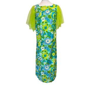 Vintage 60s 70s Mod Maxi Dress Empire Waist Tulle Net Sleeves Hand Made SMALL